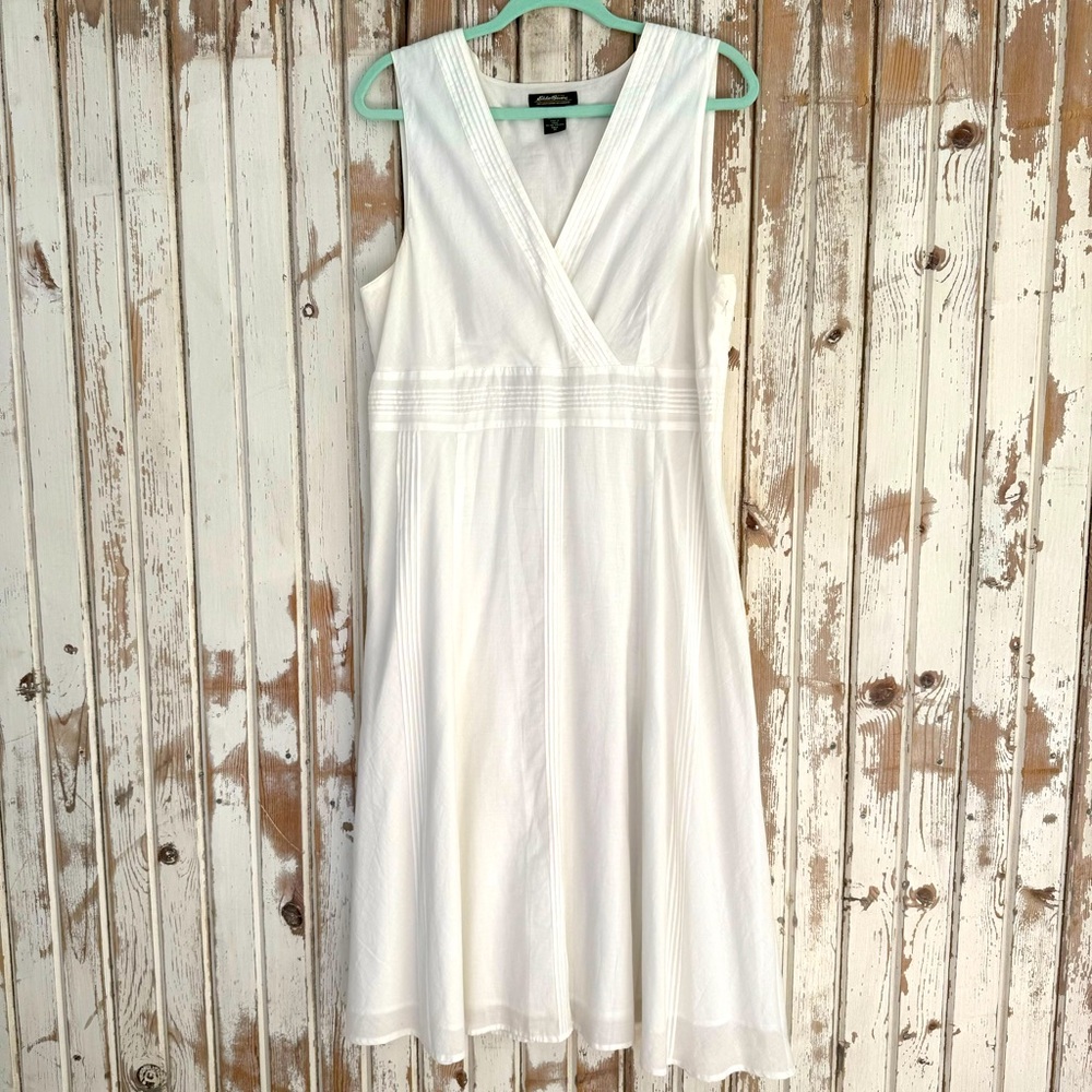Eddie Bauer pretty summer white sleeveless cotton v-neck midi dress, 16 Tall